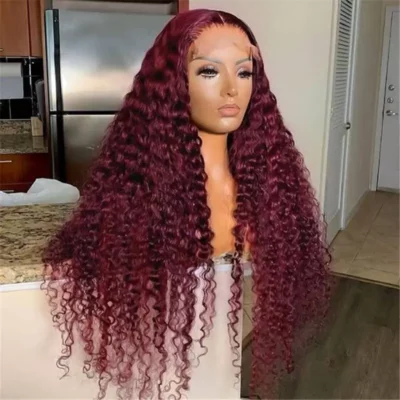 99J Burgundy Water Wave Lace Front Human Hair Wigs