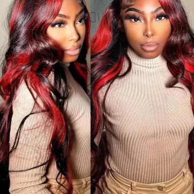 Burgundy Body Wave Lace Front Wig13X6 HD Lace Frontal Wig Red Highlight Wig Human Hair Colored Lace Closure Wigs 12-32Inch 3