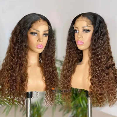 Two Tone Full Lace Human Hair Kinky Curly Wigs Black& Gold Brown Wig With Strap And Clips For Black Women Natural Hairline 2