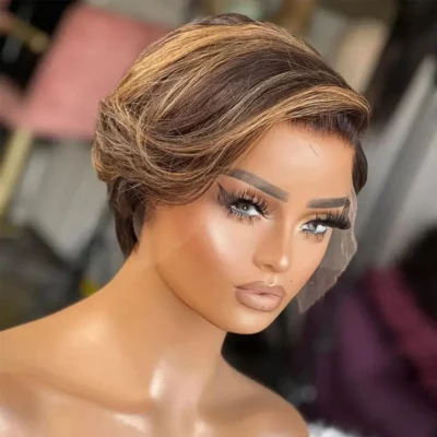 Highlight Pixie Cut Straight Human Hair Wigs