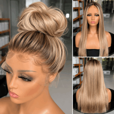 4#/Ombre Ash Blonde Straight Lace Front Human Hair Wigs
