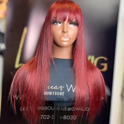99J Burgundy Red Human Hair Wig With Bangs
