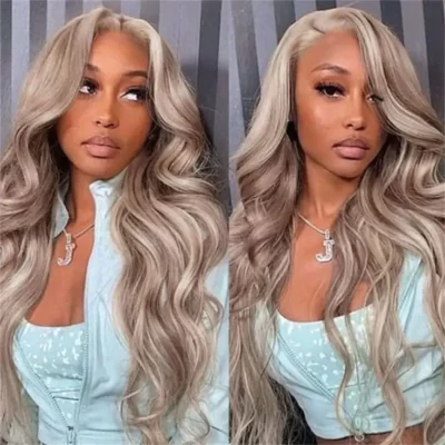 #P18/613, Ash Blonde Highlight Body Wave Wig