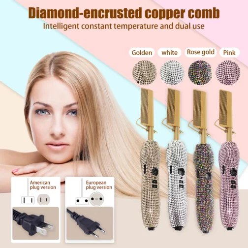 Hot Comb 2 in 1 Rhinestone Hair Straightener Curler Comb Flat Iron with 5 Temperature Settings for Home Salon Wet Dry Hair Use 2