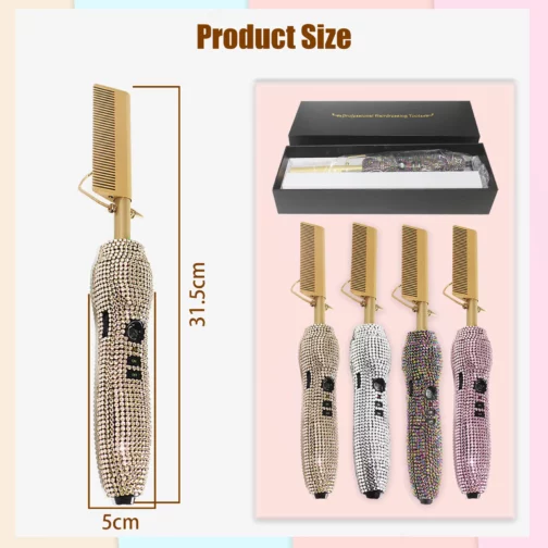 Hot Comb 2 in 1 Rhinestone Hair Straightener Curler Comb Flat Iron with 5 Temperature Settings for Home Salon Wet Dry Hair Use 6