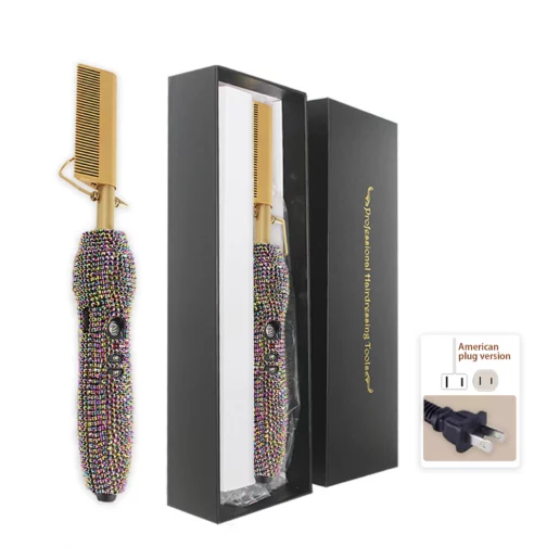 Hot Comb 2 in 1 Rhinestone Hair Straightener Curler Comb Flat Iron with 5 Temperature Settings for Home Salon Wet Dry Hair Use 8
