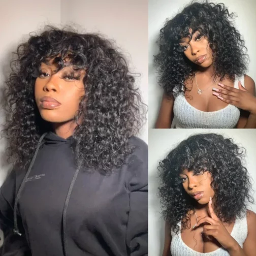 Glueless Curly Human Hair Wigs Machine Made Scalp Top Wig With Bangs  200% Density Shoulder-Grazing Curly Wig with Wispy Bangs 3