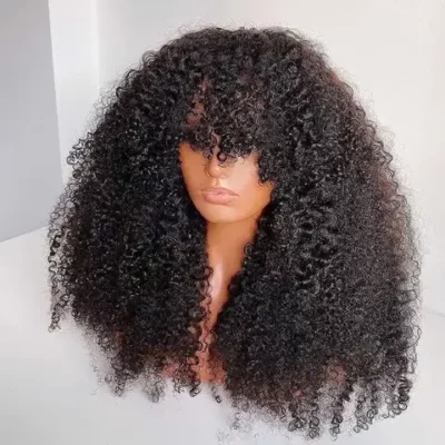 200% Density Kinky Curly Human Hair Wigs Machine Made Wig With Bangs