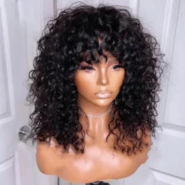 Glueless Curly Human Hair Wigs Machine Made Scalp Top Wig With Bangs  200% Density Shoulder-Grazing Curly Wig with Wispy Bangs 1