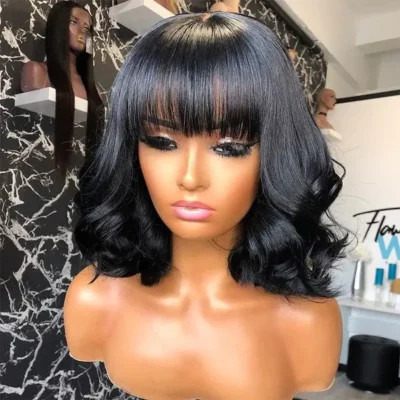 Wavy Wig With Bangs Short Bob Human Hair