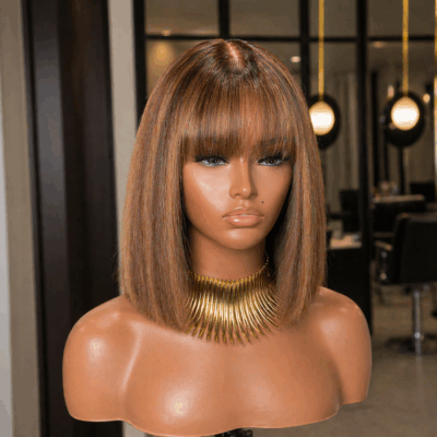 Straight Highlight Bob Wig With Bangs & Top Fake Scalp, Lace Front Wig