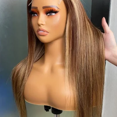 P4/27.18inches 5x5 HD Highlight Honey Blonde Colored Straight Lace Frontal Wig