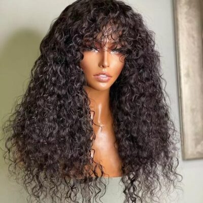 Curly Machine Made Human Hair Wigs With Bangs