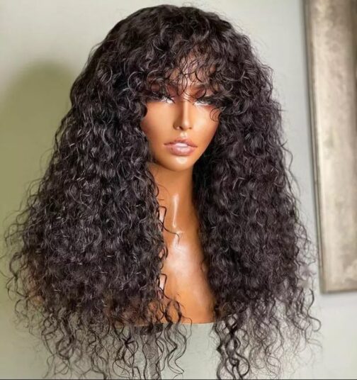 Curly Machine Made Human Hair Wigs With Bangs