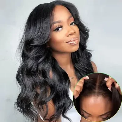 5x5 Closure, Pre-cut Glueless , Natural black Body Wave Lace Front Human Hair Wigs