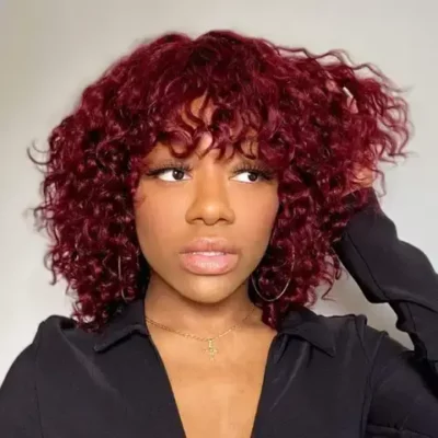 Red, Brown & Black Color Pixie Curly Human Hair Wigs with Realistic Bangs