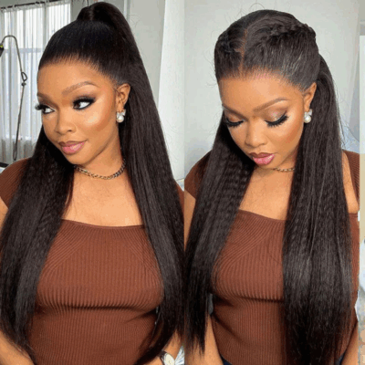 Chocolate Brown Ombre Kinky Yaki Straight Hd Lace Front Human Hair Wig - Image 5