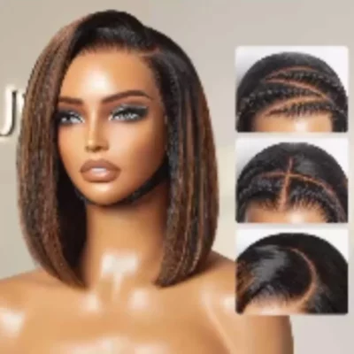 C-Part  Highlights Kinky Bone Straight human hair Lace Front Human Hair Wig