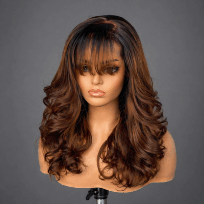 16 Inch Ombre Brown Wave Glueless Wear and Go Fringe Human Hair Wig