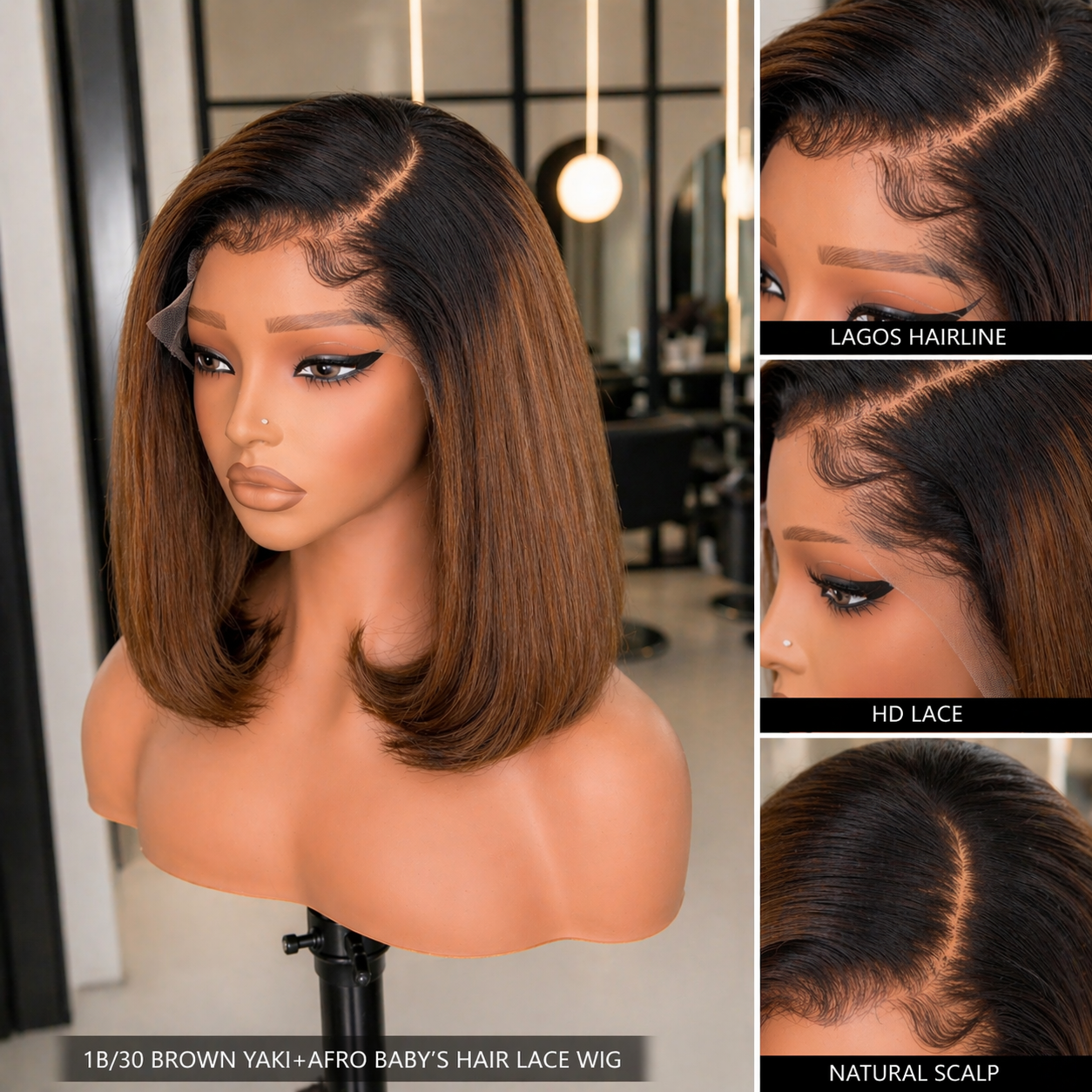 5X 5 HD 180% 10" 1B/30 Brown Yaki+Afro baby's hair Lace wig - Image 2