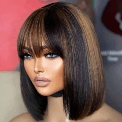 Dark Brown Highlight Bob With Bangs & Top Fake Scalp, Lace Front Wig (Copy)