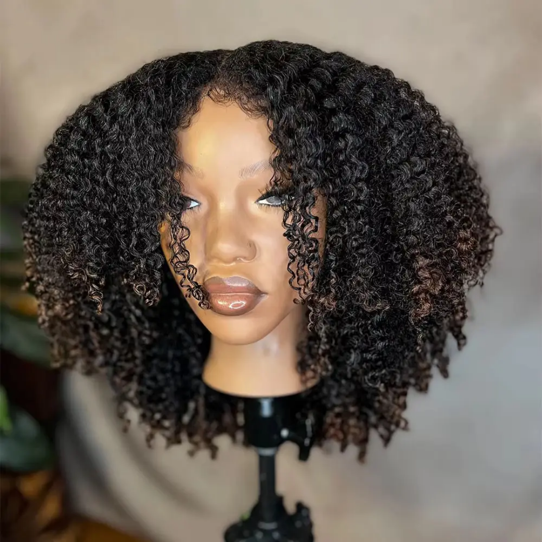 2 Tones Black & Brown Kinky Curly Bob Lace Front Human Hair Wig - Image 7