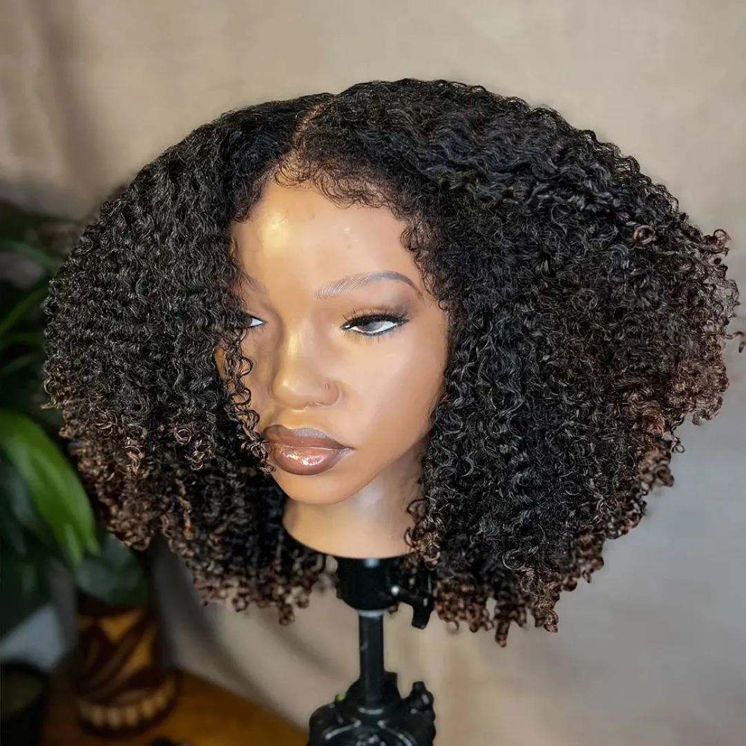 2 Tones Black & Brown Kinky Curly Bob Lace Front Human Hair Wig - Image 8