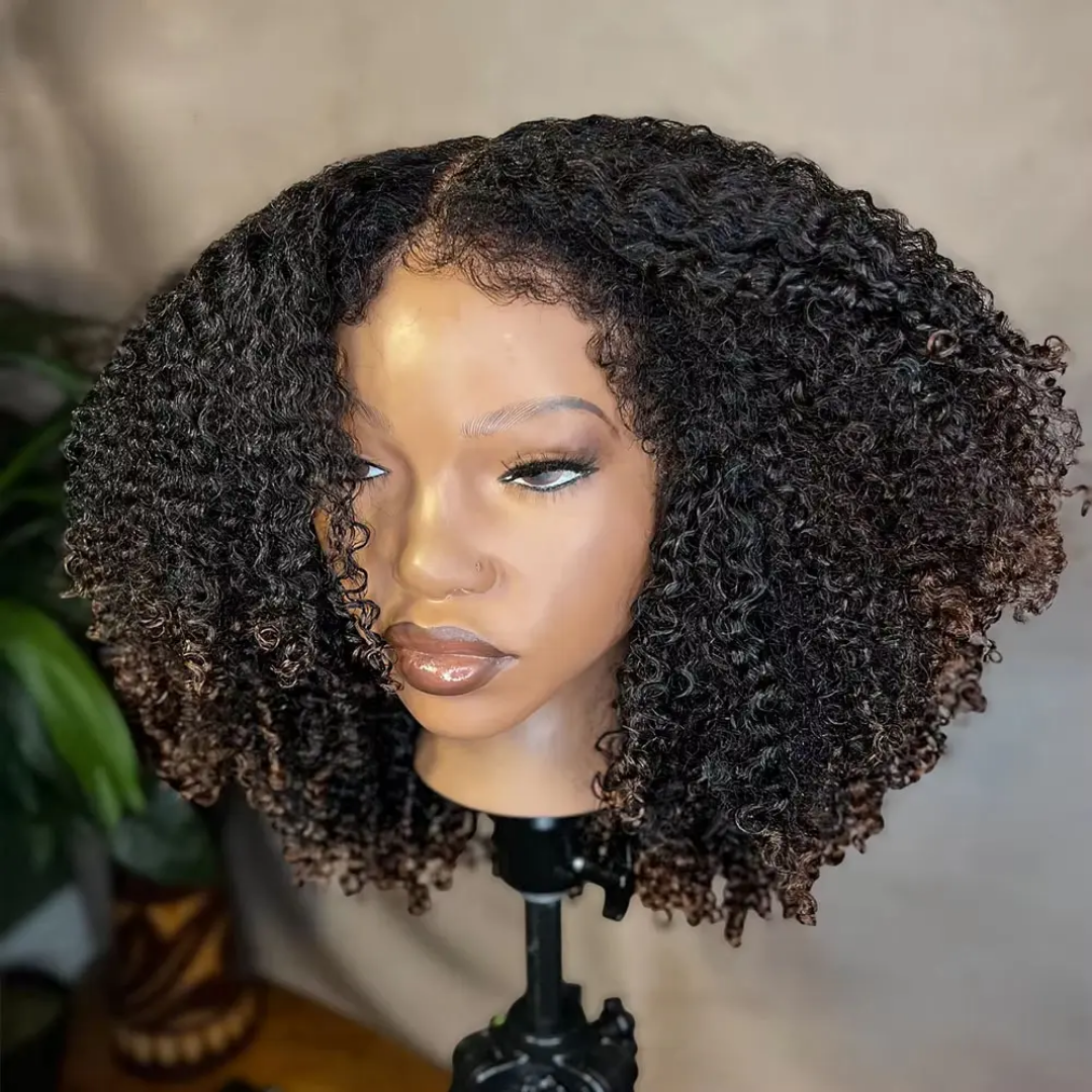 2 Tones Black & Brown Kinky Curly Bob Lace Front Human Hair Wig - Image 11