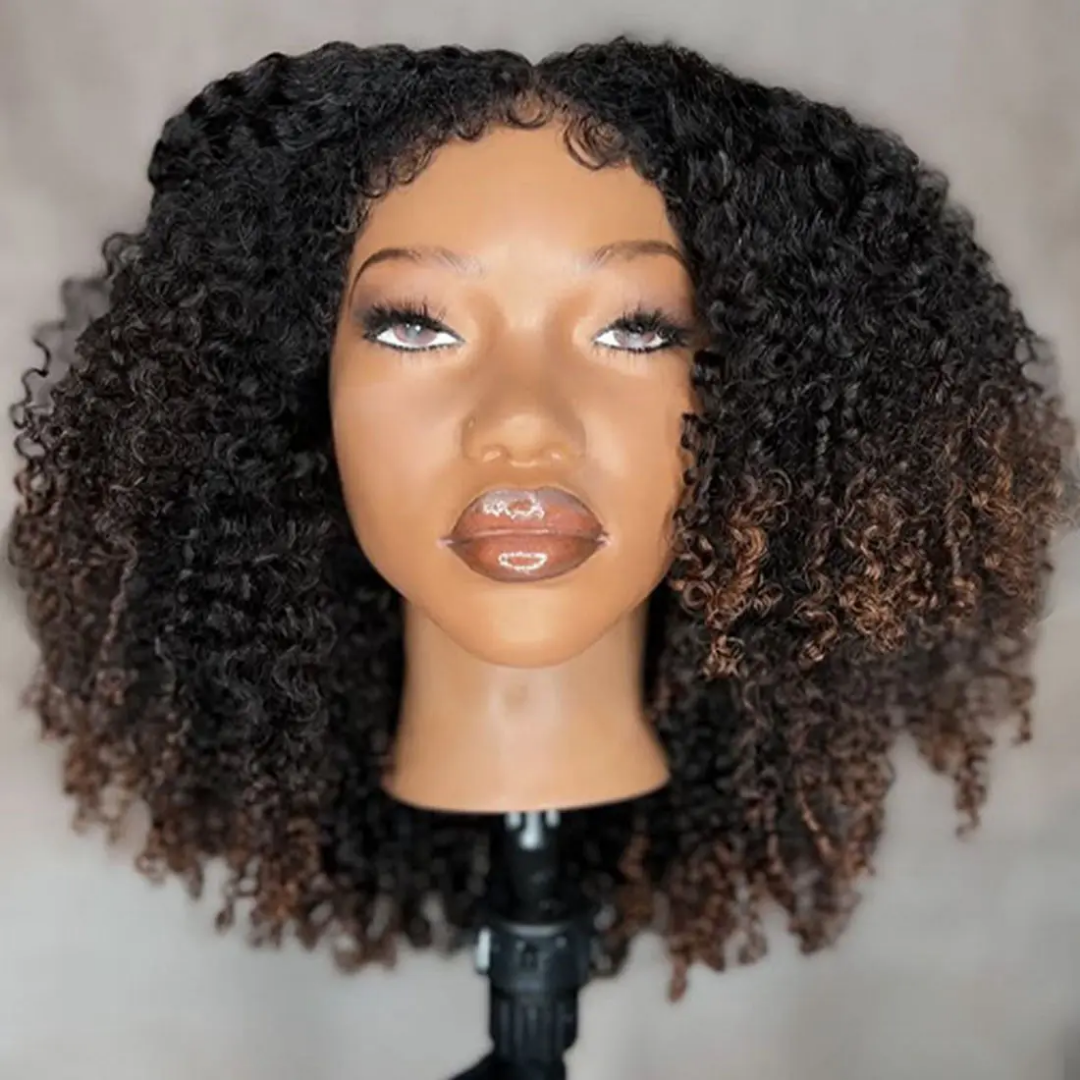 2 Tones Black & Brown Kinky Curly Bob Lace Front Human Hair Wig - Image 6