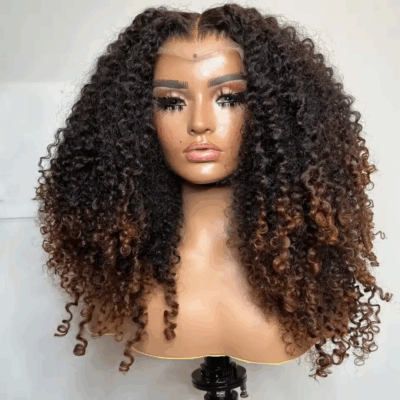 2 Tones Black & Brown Kinky Curly Bob Lace Front Human Hair Wig