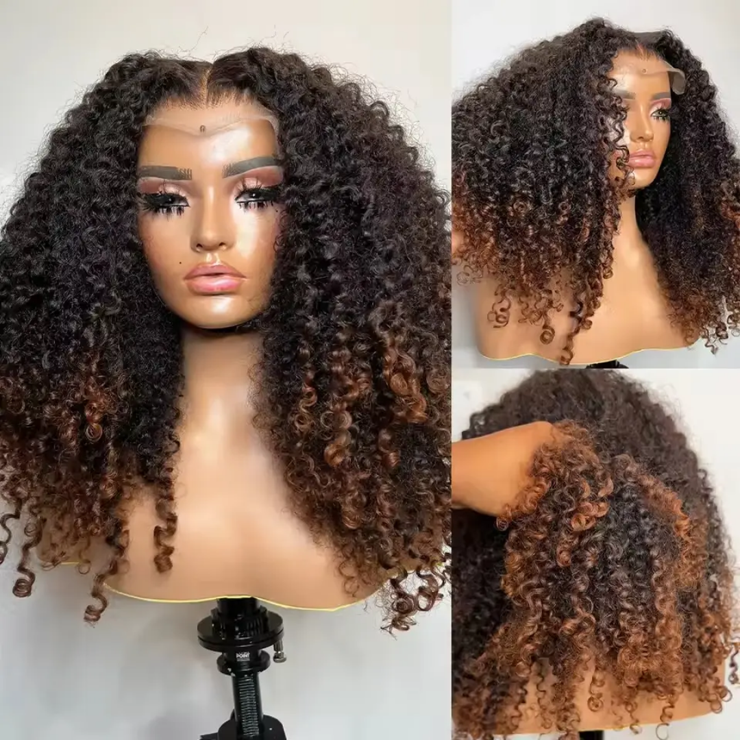 2 Tones Black & Brown Kinky Curly Bob Lace Front Human Hair Wig - Image 4