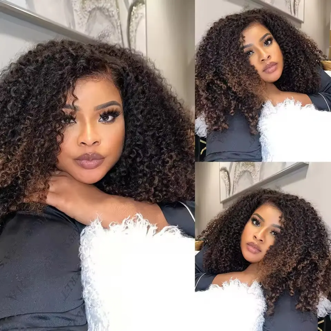 2 Tones Black & Brown Kinky Curly Bob Lace Front Human Hair Wig - Image 5