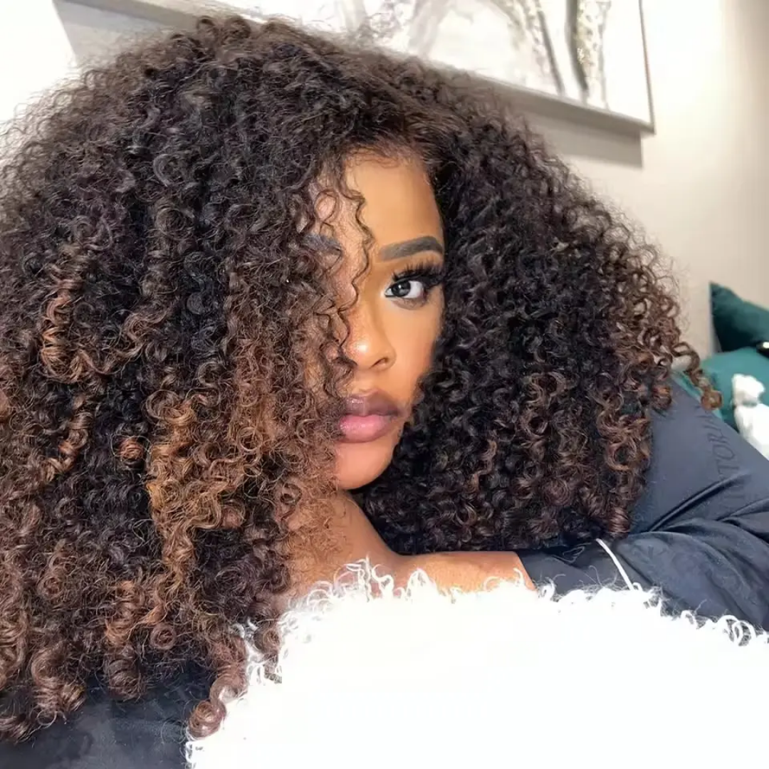 2 Tones Black & Brown Kinky Curly Bob Lace Front Human Hair Wig - Image 3