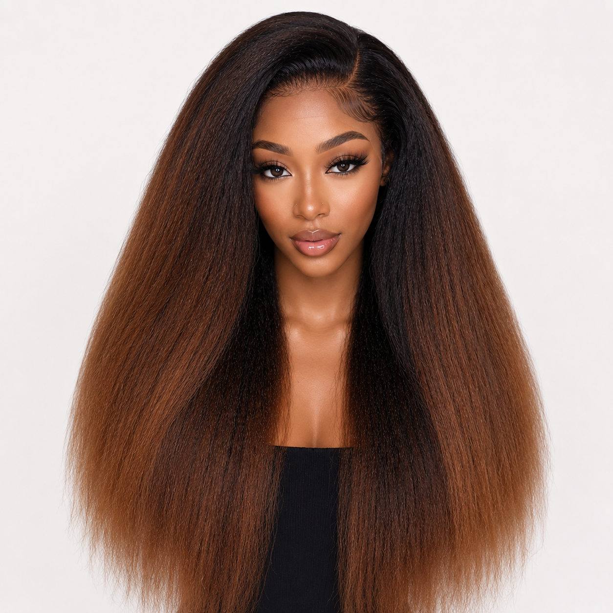 Chocolate Brown Ombre Kinky Yaki Straight Hd Lace Front Human Hair Wig - Image 4