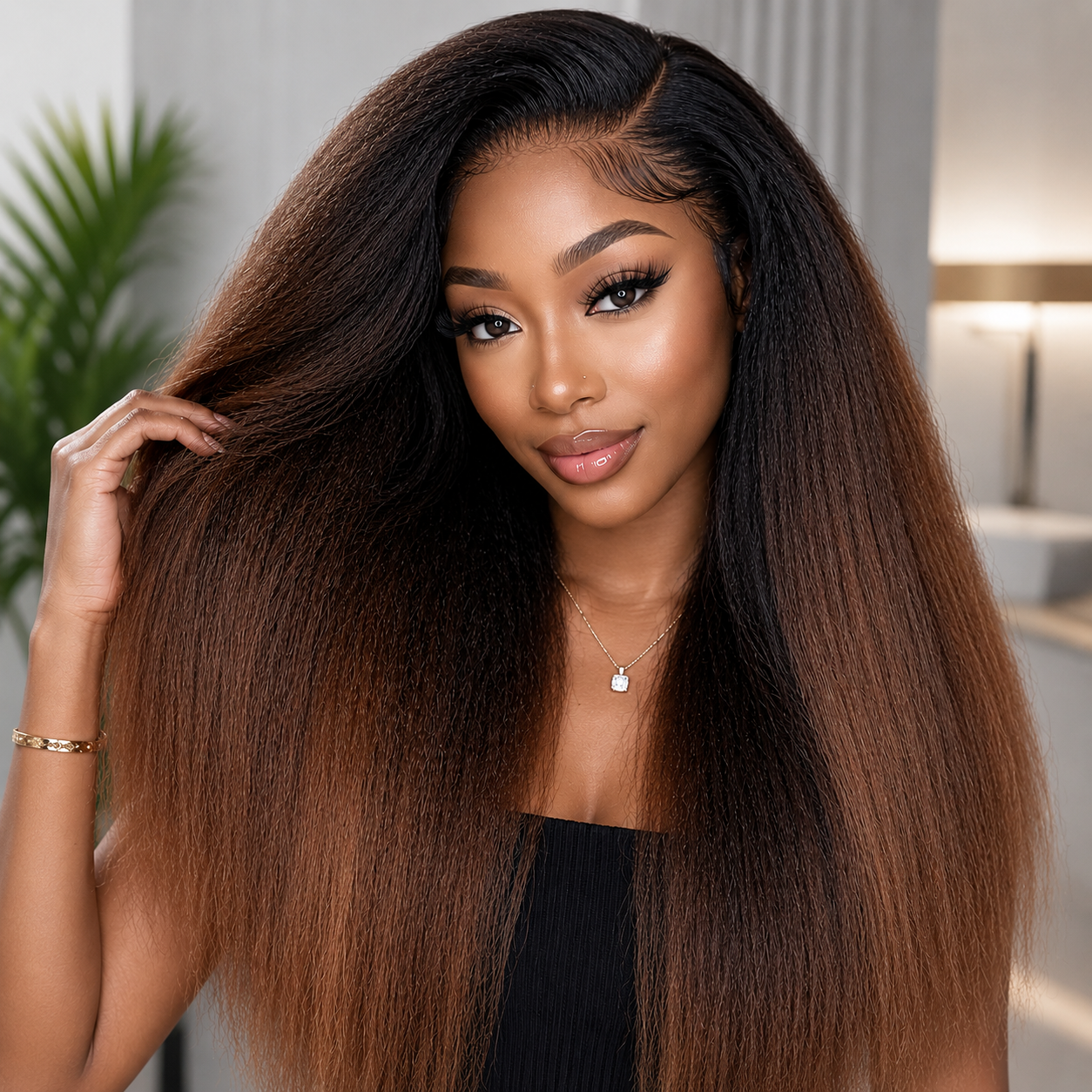Chocolate Brown Ombre Kinky Yaki Straight Hd Lace Front Human Hair Wig