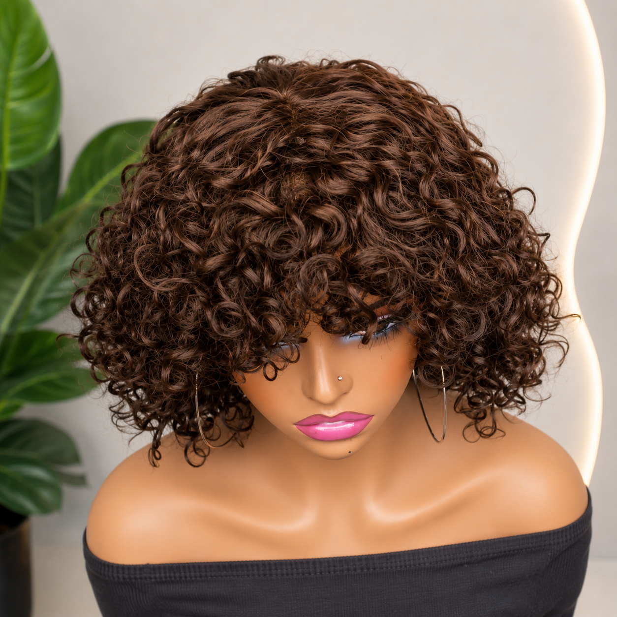 Brown Curly Wig With Bangs Human Hair Wigs - Image 2