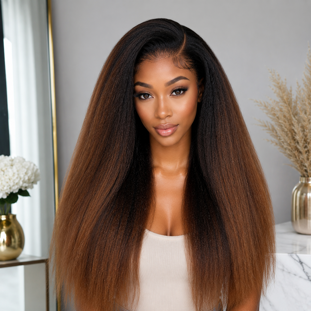 Chocolate Brown Ombre Kinky Yaki Straight Hd Lace Front Human Hair Wig - Image 2