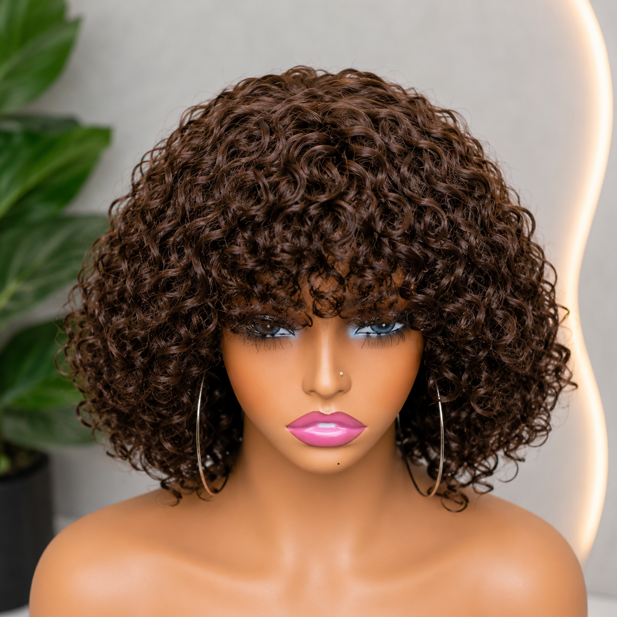 Brown Curly Wig With Bangs Human Hair Wigs