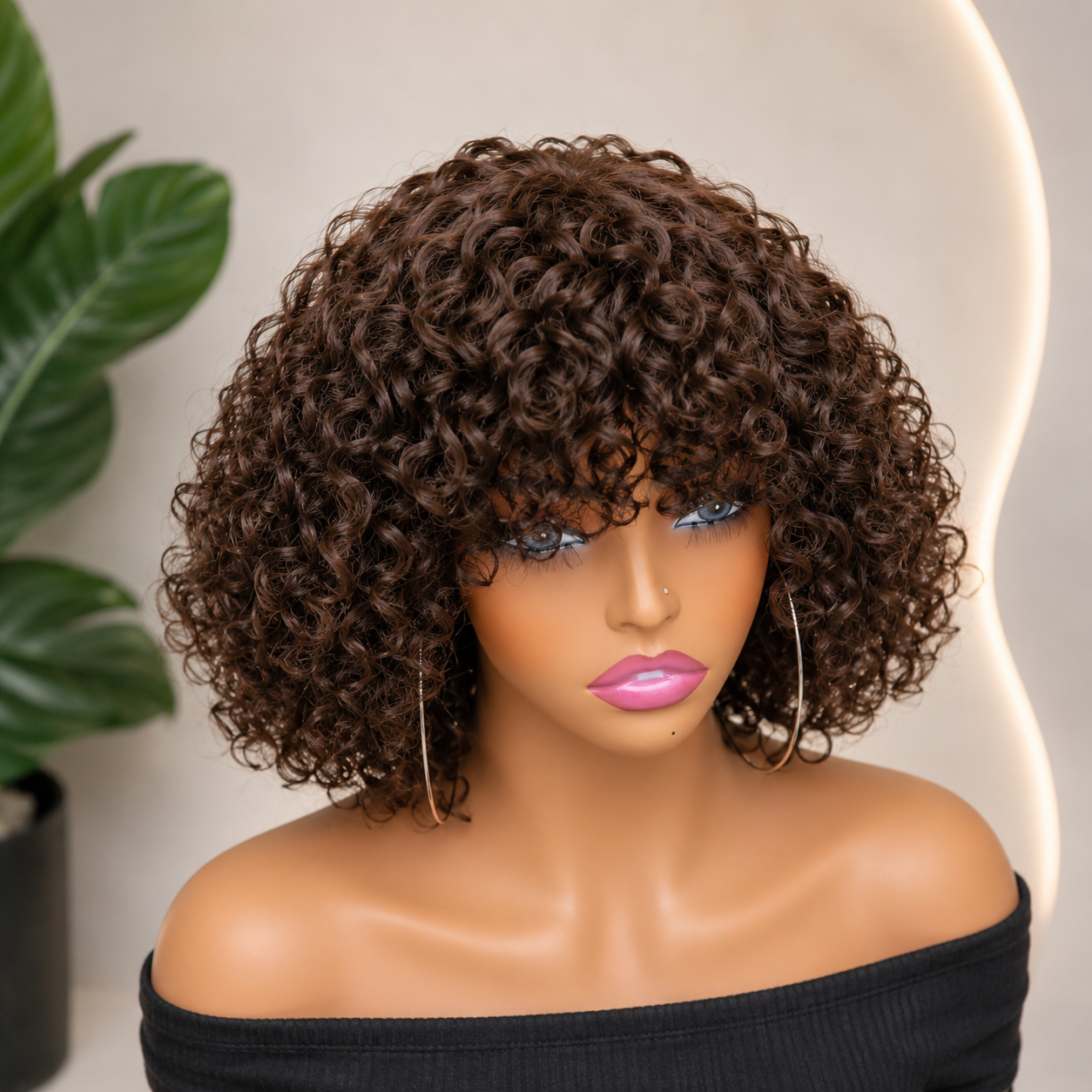 Brown Curly Wig With Bangs Human Hair Wigs - Image 4